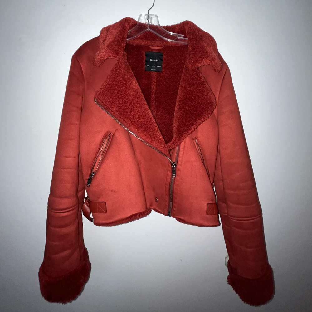 BERSHKA RED FAUX FUR JACKET